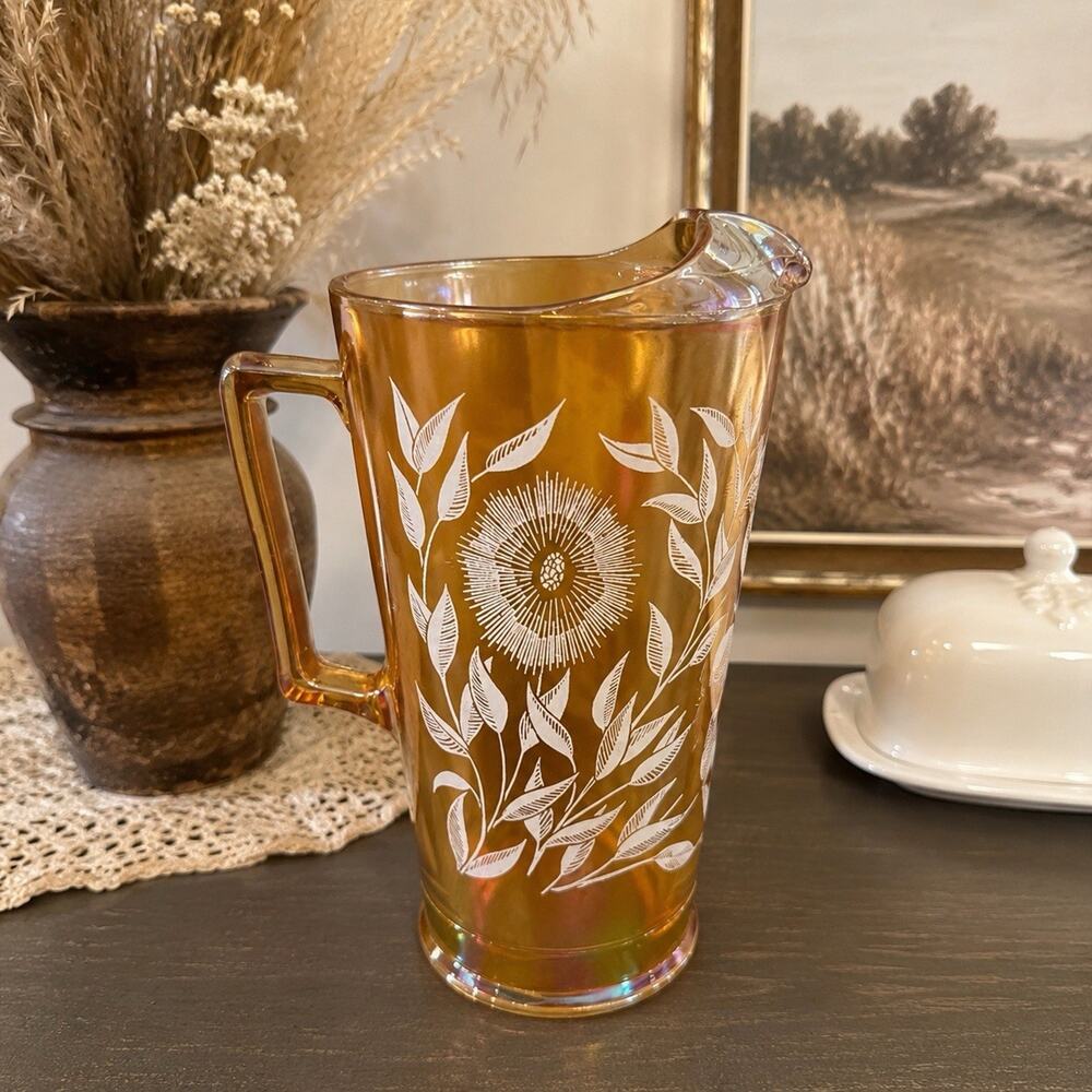 Vintage Jeannette Cosmos Peach Carnival Glass Pitcher Marigold Lusterware 9”